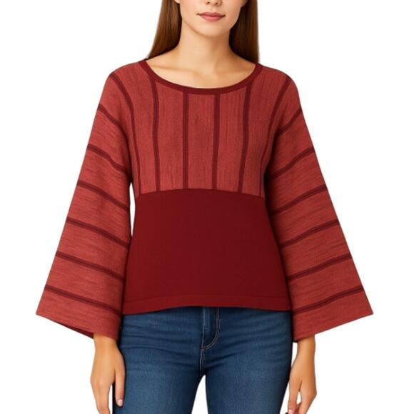 Cable & Gauge Knit Sweater L Wool Blend Maroon Stripe Wide Bell Sleeve Granola G - Picture 1 of 7
